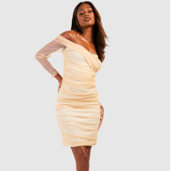 NWT OFF SHOULDER RUCHED MESH BODYCON MINI NUDE DRESS - Picture 1 of 8
